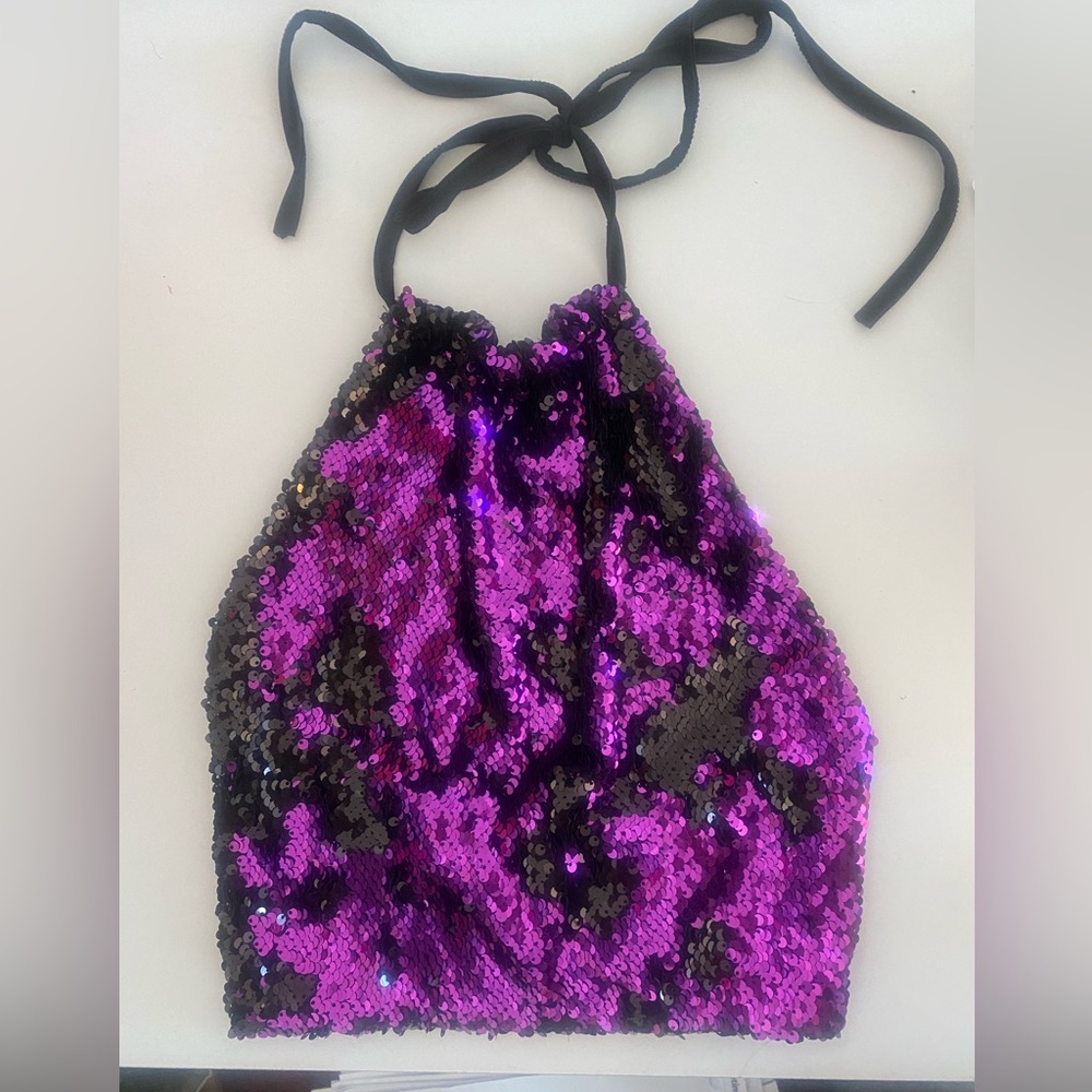 Purple sequin halter crop top - sparkly festival, costume, or Halloween | small